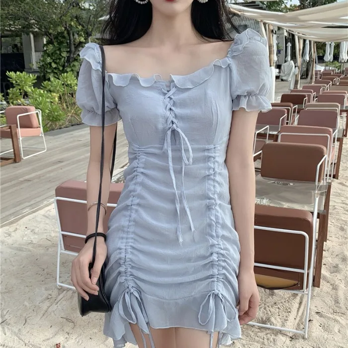 Элегантное обтягивающее винтажное платье vestidos Женская одежда летние оборки на шнурках с пышными рукавами и квадратным воротником Новые платья