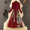 Retro Print Pleated Dress Women Elegant Knitted Patchwork Long Midi Dress Autumn Winter Long Sleeve Vintage Belt Sashes A100 ► Photo 2/6