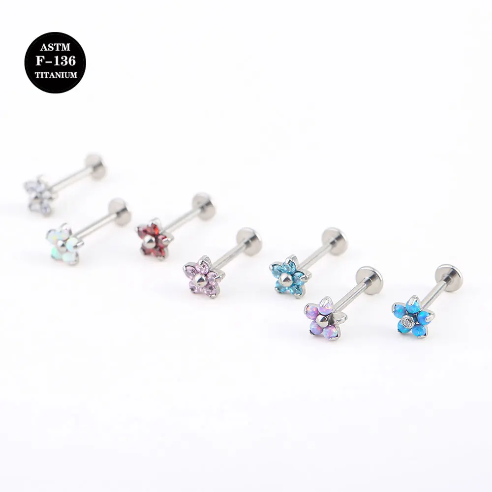 

16 Impalnt Grade Titanium ASTM F136 Internal Thread Screw Opal CZ Flower Labret Earrings for Lip Ear Lobe Piercing Body Jewelry