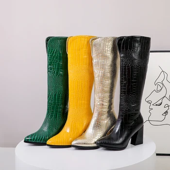 

Women knee-high boots superfine fiber plus size 22-26.5 cm length autumn and winter plush warm Crocodile pattern long booties