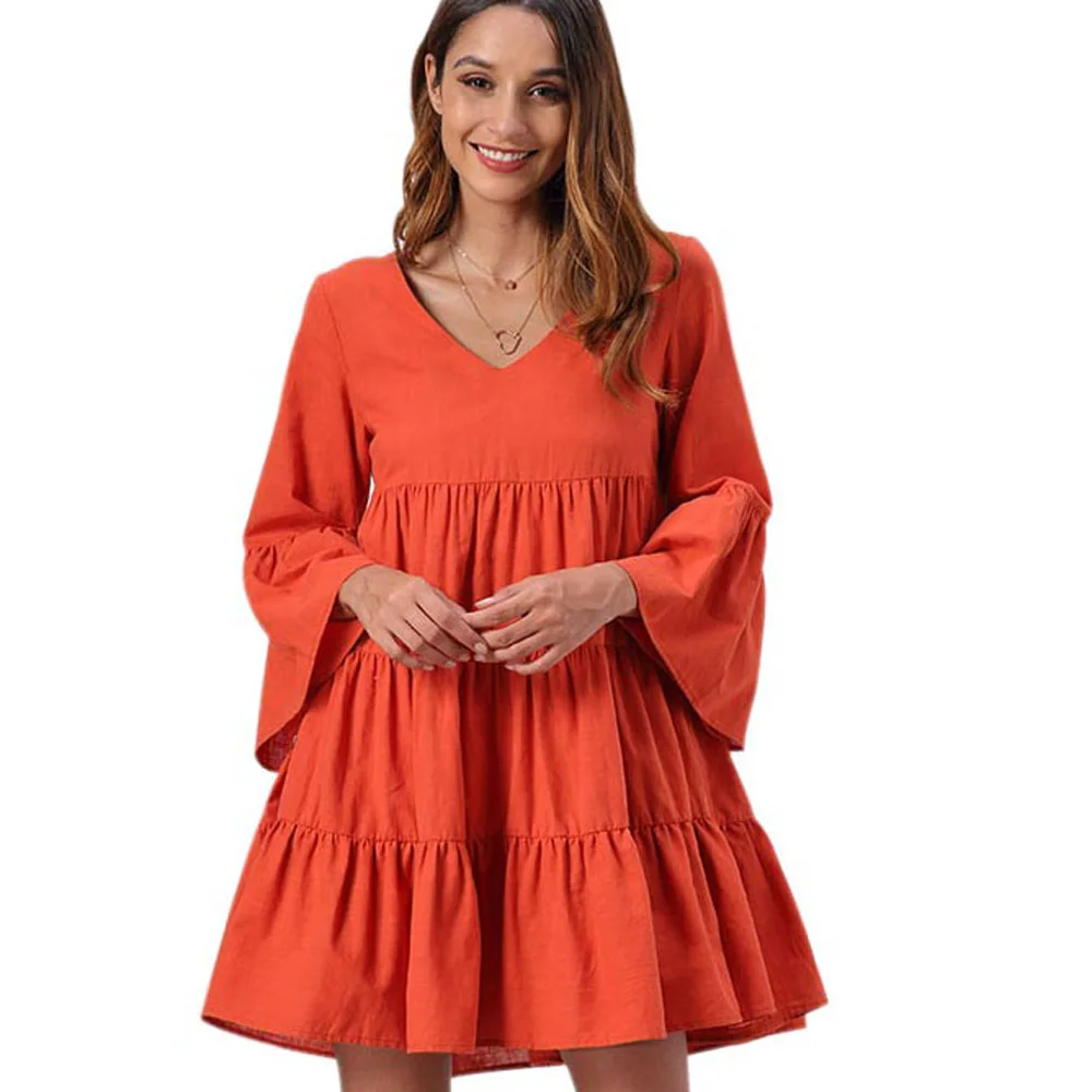 Женские платья с v-образным вырезом и длинным рукавом, однотонное короткое плиссированное платье в богемном стиле, модное Плиссированное мини-платье трапециевидной формы, Осеннее женское платье