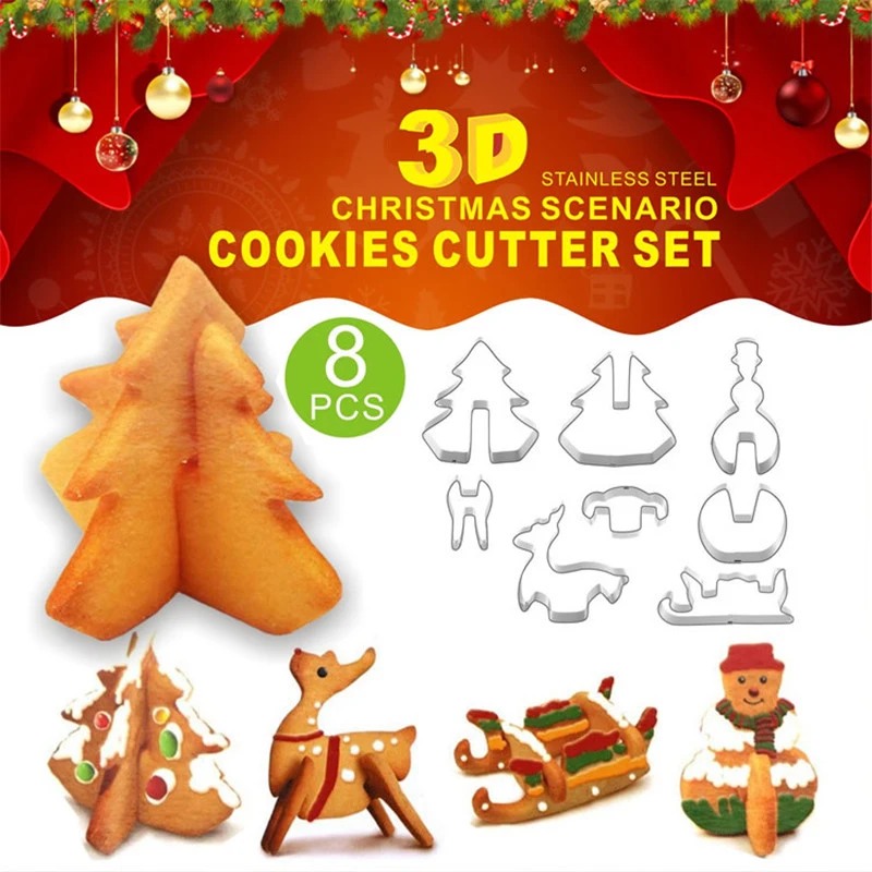 8PCS 8/10/18 шт. 3D Нержавеющая сталь декорации формочка для рождественского печенья набор форма для выпечки, рисунок «Имбирный пряник» Дом Fondant(сахарная) резак инструмент для выпечки - Цвет: 8PCS