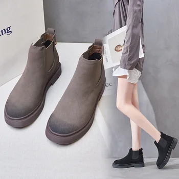 

Martin Boots Women 2020 Thick-soled British Vintage Chelsea Boots Elastic Sleeve Thick Heel Women's Frosted Shoes Q13-10