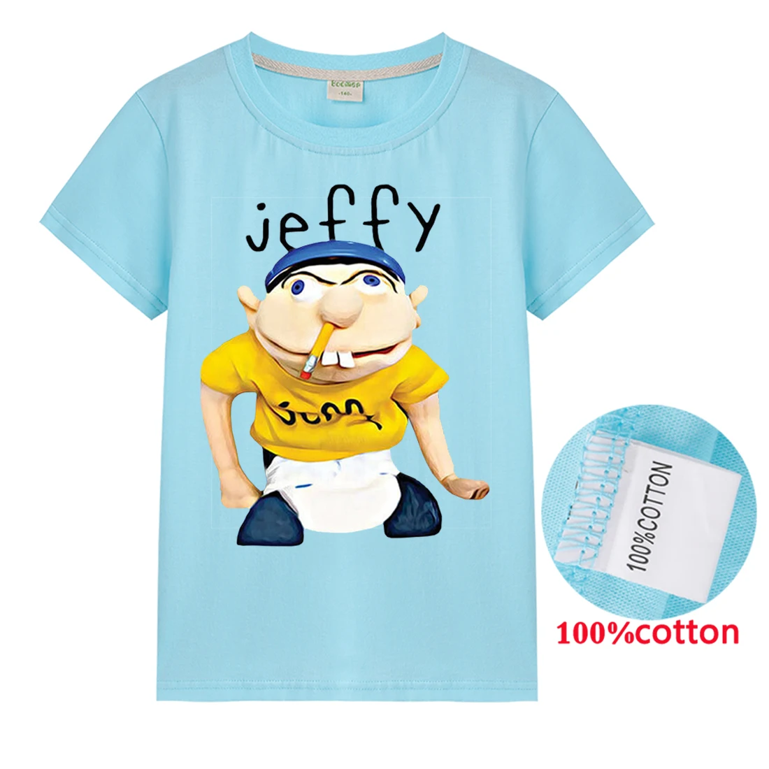 Jeffy/модная футболка для мальчиков и девочек; детская одежда с героями мультфильмов; футболка; топ с короткими рукавами; Повседневная летняя одежда; одежда с героями мультфильмов для мальчиков и девочек - Цвет: Небесно-голубой