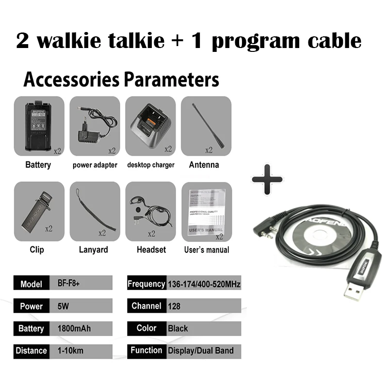 Add a program cable 2 шт. Baofeng BF-F8+ Walkie Talkie профессиональная Двухдиапазонная VHF UHF двухсторонняя радиостанция Woki Toki трансивер Ham Network Radio - Цвет: Add a program cable