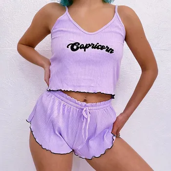 

Letter Embroidered Purple Women Sets V Neck Sleeveless Tops Shorts Sexy Set Female 2020 Casual Summer Fashion Streetwear
