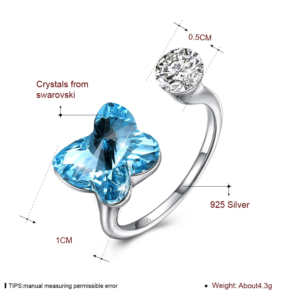 SILVERHOO 925 Sterling Silver Rings For Women Romantic Butterfly Shaped Adjustable Opening Austria Crystal Cubic Zirconia Ring