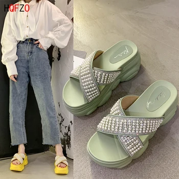 

HQFZO Female Slippers Platform String Beads Chanclas Mujer Wedge Open Toe Summer Sandals Thick Bottom Heels Slides Women