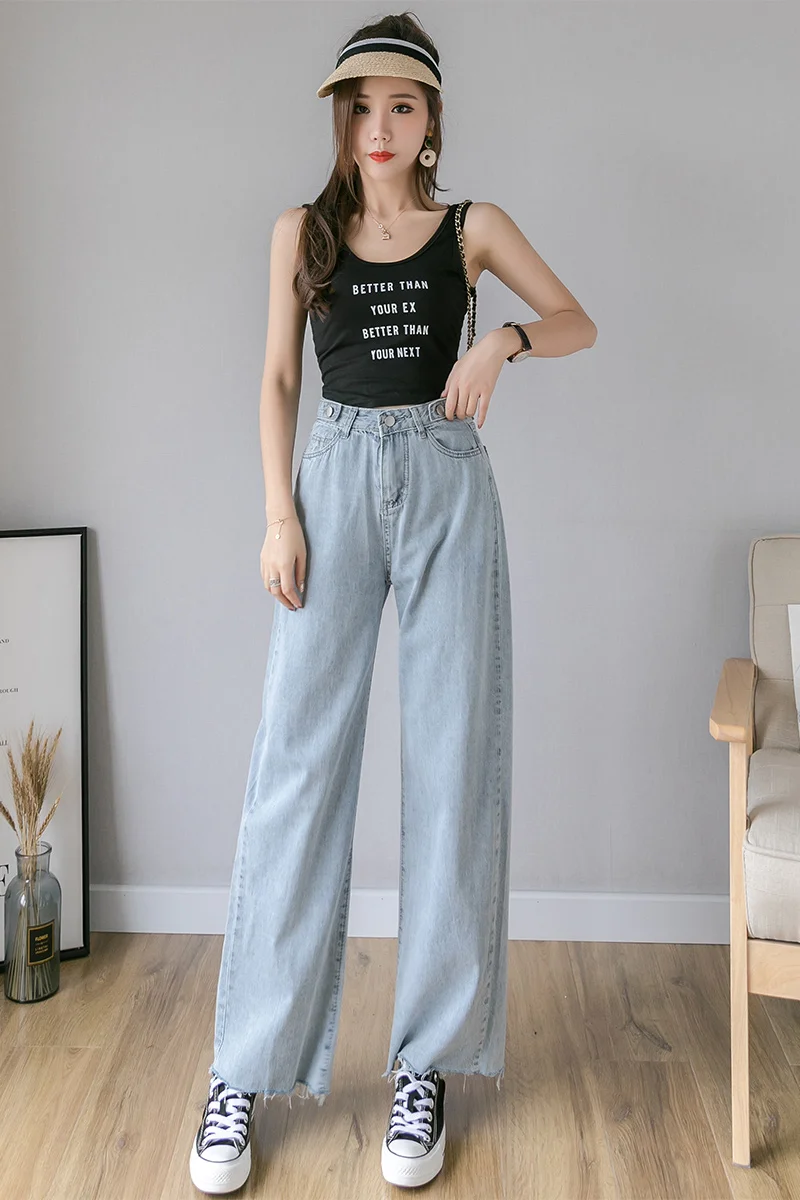 boyfriend Vintage jeans women high waisted wide leg pants jeans blue casual Straight trousers korean streetwear denim pants