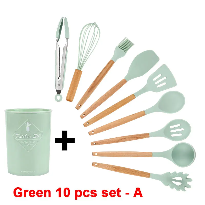 Green 10 pcs set - A Набор кухонных силиконовых кухонных принадлежностей с антипригарным шпателем лопата с деревянной ручкой набор кухонных инструментов с ящиком для хранения кухонные инструменты - Цвет: Green 10 pcs set - A