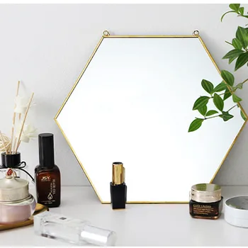 

Nordic Gold Wall Hanging Heagon Shower Mirror Bathroom Home Make Up Decorative Glass Metal Framed Mirror with Chian