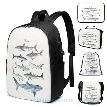 

Funny Graphic print Sharks (2) USB Charge Backpack men School bags Women bag Travel laptop bag