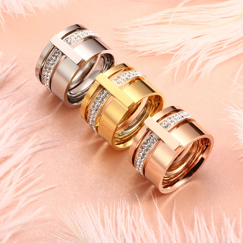 Trendy Three Layers Ring Set Gold Color Rings Stainless Steel Ring Finger Ring Gold Color Ring Adjustable Rings Zircon Crystal Ring Wedding Rings Wedding Ring Jewelry Accessories 316L Stainless Steel Crystal Rings For Women