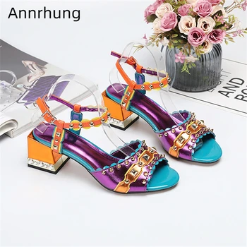 

Mixed Color Genuine Leather Sandals Women Ankle Strap Jeweled Crystal Square Med Heel Rivet Decor Party Shoes Woman