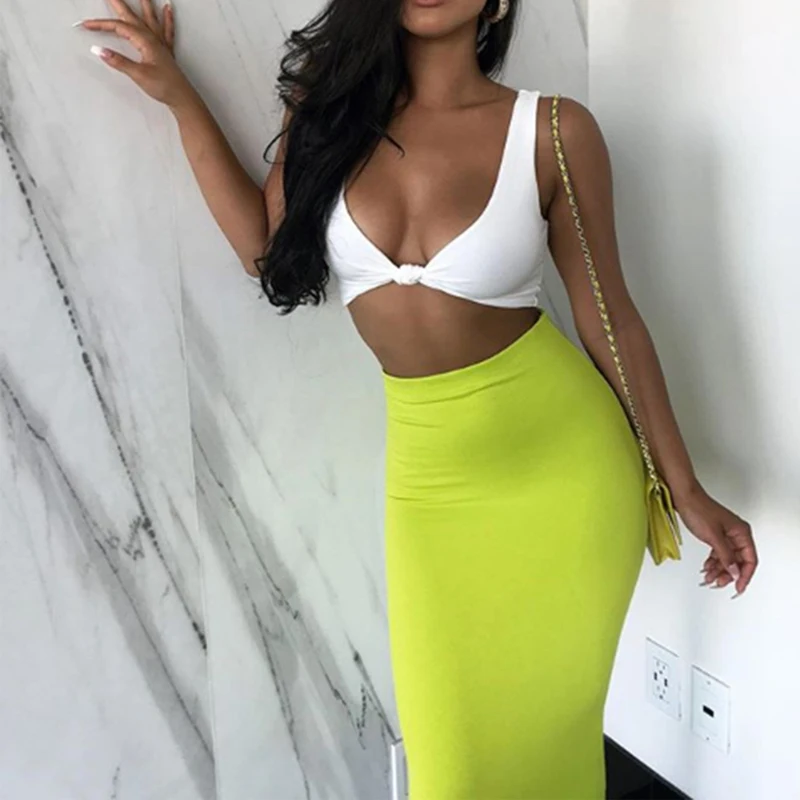 Fashion Autumn Winter High Waist Pencil Skirt Solid Neon Colors Skinny Tight Hip Bodycon Long Skirts Womens Office Ladies Skirts