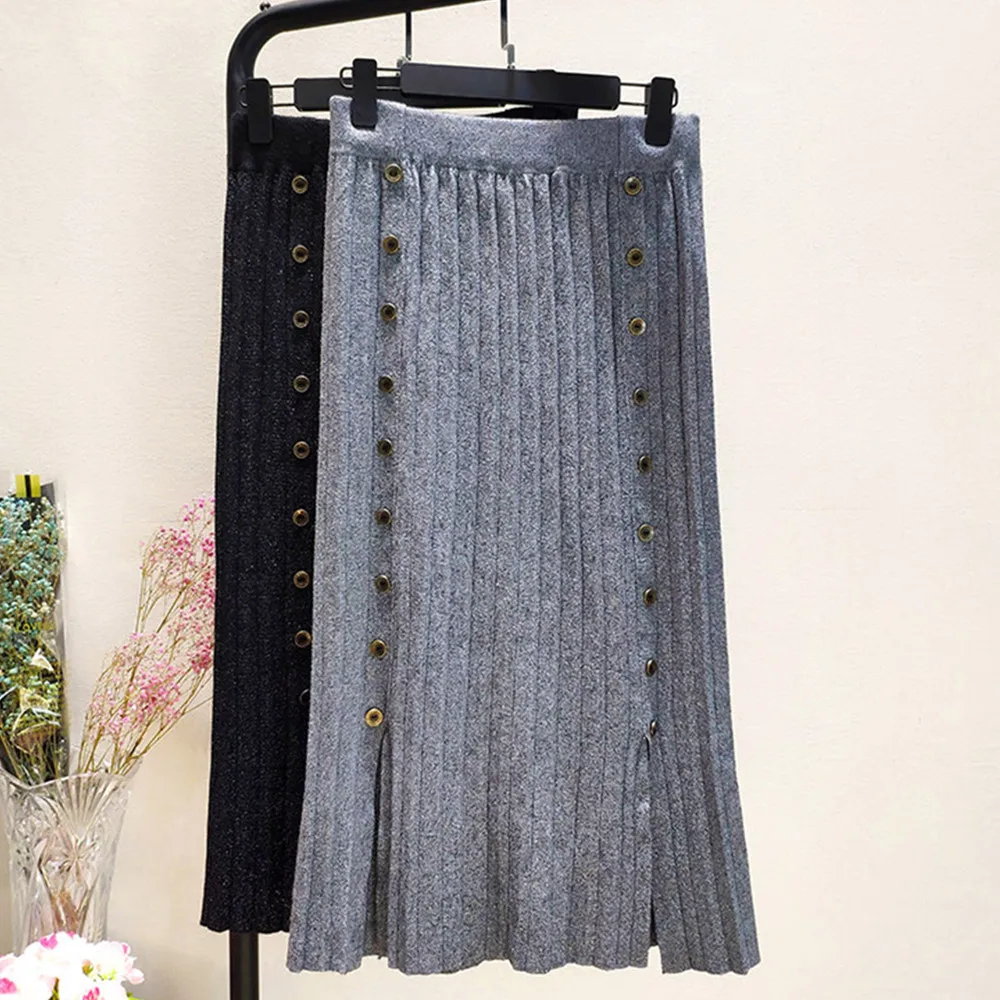 Серый черный эластичный пояс стрейч высокая талия миди плиссированная трапециевидная двубортная теплая трикотажная юбка для женщин юбки