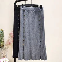 Серый черный эластичный пояс стрейч высокая талия миди плиссированная трапециевидная двубортная теплая трикотажная юбка для женщин юбки