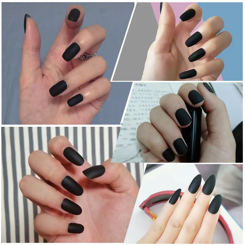 

24Pcs Fake Nails Black Nails Short Nails Long Nail Tips Matte Full Cover Nails Extended Nail Art Designs Manicure Tools