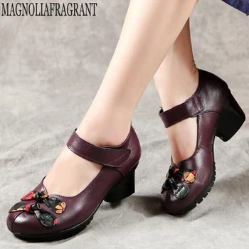 

Autumn Genuine Leather High heel Shoes Women Loafers Women crude heel single Shoes Woman National Wind Flower Mother shoes y9