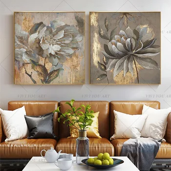 Pintura abstracta de flor de plata hecha a mano para 100%, imagen artística moderna para sala de estar, Cuadros modernos, arte en lienzo de alta calidad