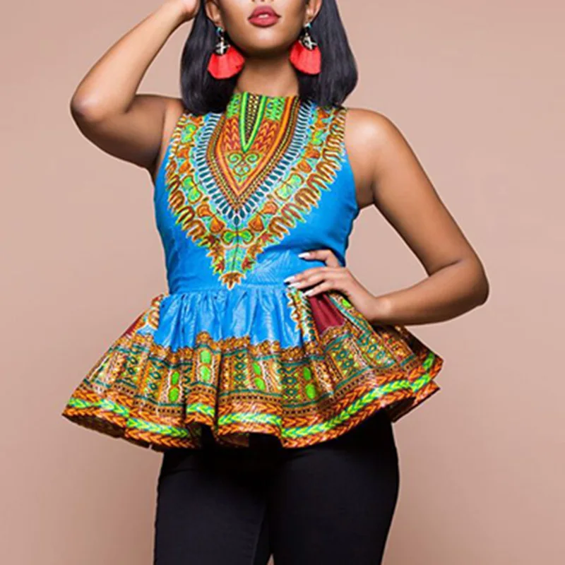 

Women's Sleeveless Printed Ultra Short Dress with Lotus Leaf Edge African style Dashiki top clothes for women JQ-10007