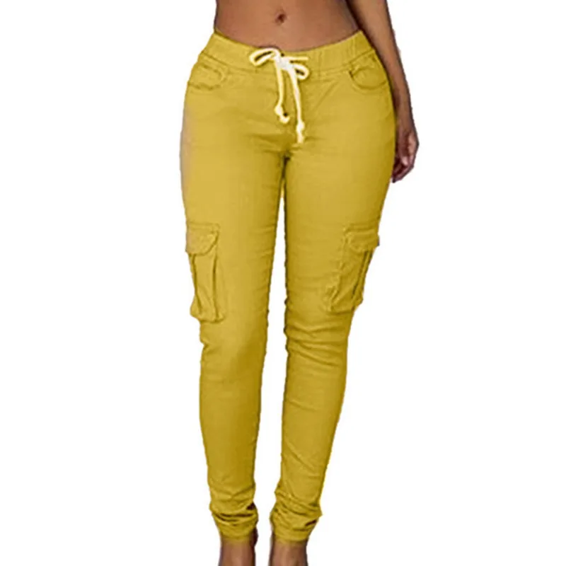 NIBESSER весенние женские брюки-карандаш со шнуровкой на талии, повседневные женские брюки, одноцветные, с несколькими карманами размера плюс, брюки-карго, облегающие брюки - Цвет: yellow1