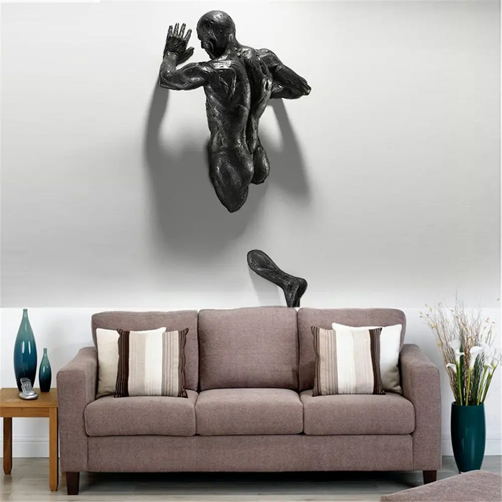 3D Through Wall Figure Sculpture Resin Electroplating Imitation Copper Abstract Character Ornament Statue Living Room Home Decor | Дом и сад