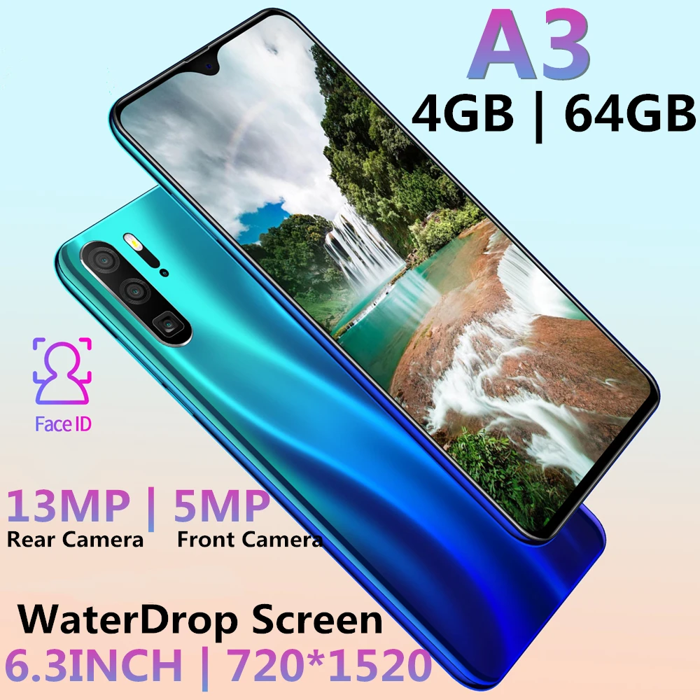 

Original Smartphones A3 Android Face Unlocked 4G RAM 64G ROM Quad Core 13MP Water Drop 6.3inch Mobile Phone