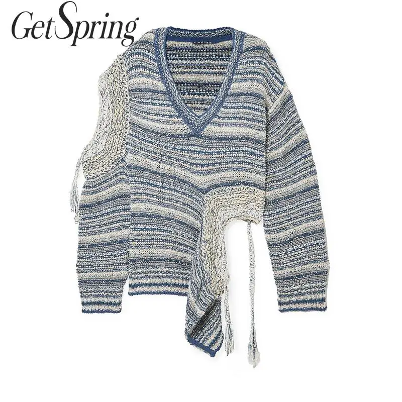 

GETSPRING Women Sweater Hole Hollow Out Irregular V-Neck Pullovers Top Color Matching Asymmetry Womens Winter Sweaters 2091 New