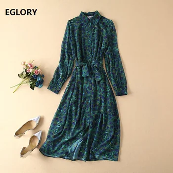 

High Quality Silk Dress 2020 Summer Princess Women Turn-down Collar Phonix Print Full Sleeve Elegant Long Shirt Dress Female