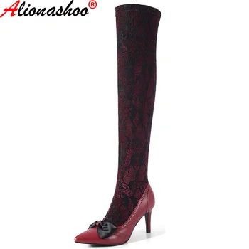 

Aliona Shoo Women Boots Sexy Over-the-knee Boots Batterfly-knot Women Shoes High Heels Knee-high Boots Female Winter Shoes Women