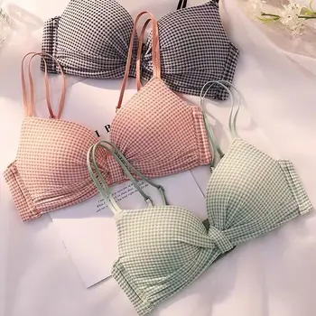 Sweet Underwear Women Sexy Comfort Wireless Push Up Bras Japanese Cute Bra Ladies Brassiere Plaid Backless Bra Pink Lingerie 1