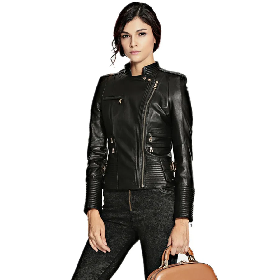 Great quality Genuine Leather Natural Sheep Shearling Coat 100% Sheepskin Female zipper Bomber real leather Jackets F871 | Женская