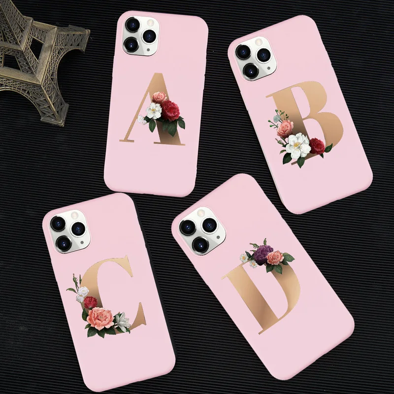 The Letter Alphabet Flowers Candy Pink TPU Silicone Phone Case for IPhone XR XS MAX 11 PRO 7s 6 6s 8 Plus SE 2020 Back Cover | Мобильные