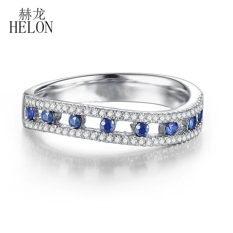 HELON Solid 10K белое золото Сертифицированный круглый 0.5ct натуральный сапфиры и бриллиантовое кольцо женские драгоценные камни украшения для помолвки