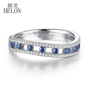

HELON Solid 10K White Gold Certified Round 0.5ct Genuine Natural Sapphires & Diamond Ring Women Gemstone Engagement Fine Jewelry