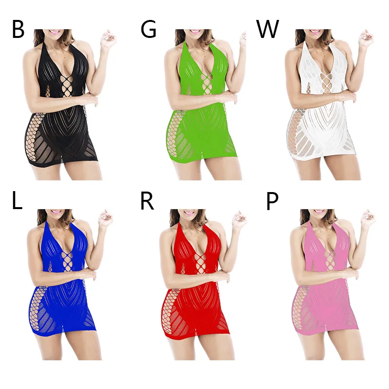Женское летнее кружевное платье Vestidos de verano, бесшовное Сетчатое боди с бретелькой на шее без рукавов, приталенная женская одежда W1