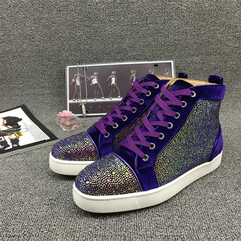 

Luxury Shiny Crystal Decor Women Shoes Rivets Men Red Bottom Shoes Lace Up Flat Shoes Punk Rhinestone Square Head High Top Shoes