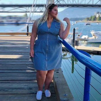 

Free Shippingladies dresses large sizes Plus Size Womens Summer Sleeveless Zip Up Casual Denim Dress Mini Jeans Dress vestido
