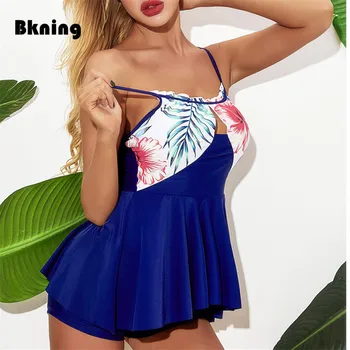 

New Tankini with Skirt Women Swimsuit Sexy Top Floral Print Blue Mid Waist Pants 2020 Summber Beachwear 2 Two Piece Swimwear