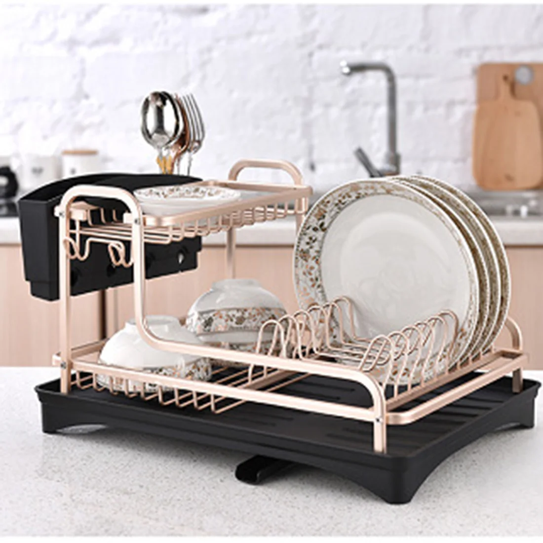 

2 Tiers Space Aluminum Dish Holder Drain Board Stand Rack For Kitchen Space Saving Organizer Kitchen Storage Rack-Rose Gold/Grey