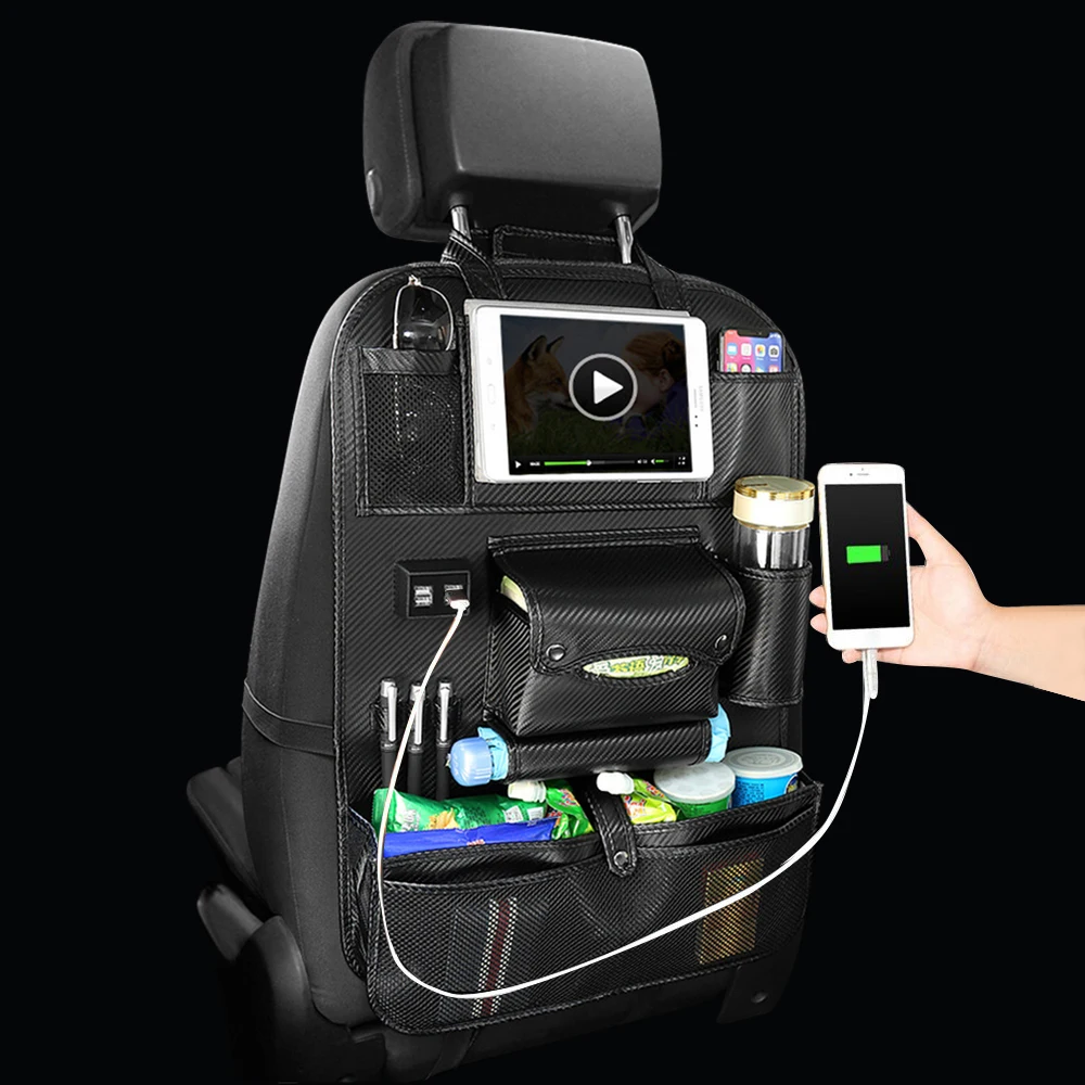 

Car Seat Back Bag Organizer on Car 4 USB Charger Storage Pu Leather Travel Multifunction Pocket Stowing Tidying Auto Accessories