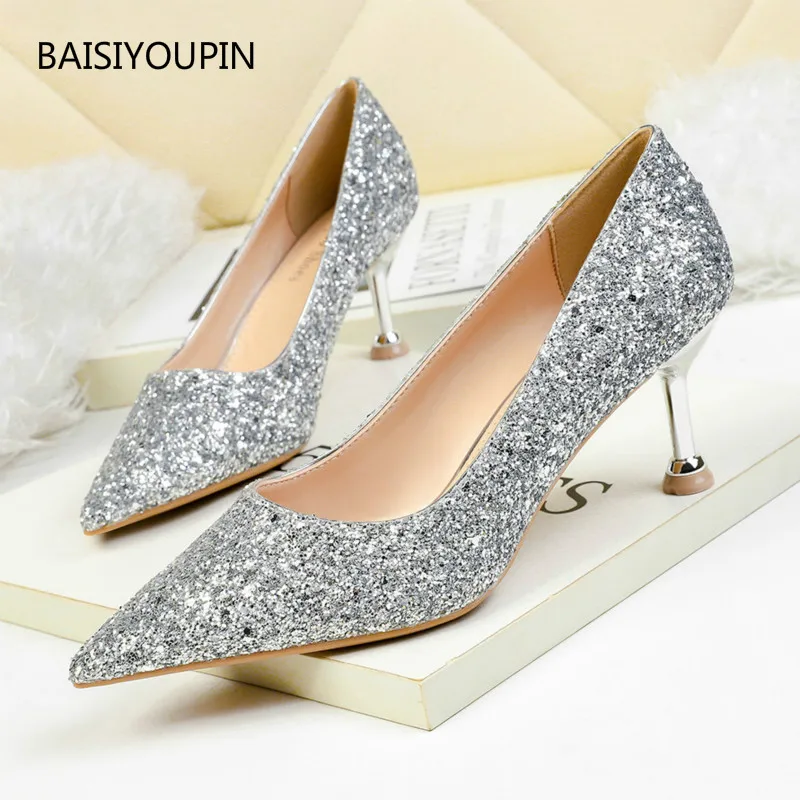 

Wedding New Fashion Women Shoes Pointed Toe Four Seasons Blingbling Solid 6.5cm High Heels Sexy Party Office Female Pumps Shoes