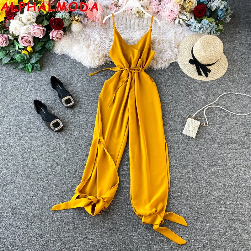 ALPHALMODA 2020 New Women Solid Sexy Jumpsuit Side Slit Binding Leg Ladies Summer Casual Sling Jumpsuit ALPHALMODA 2020 New Women Solid Sexy Jumpsuit Side Slit Binding Leg Ladies Summer Casual Sling Jumpsuit