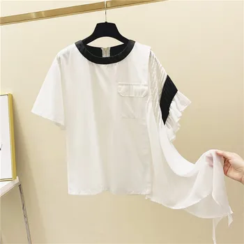 

2020 Summer Wear Casual Women T-shirts Korean Irregular Chiffon Joint Short Sleeve Contrast Color T-shirt Loose-Fit T-shirts