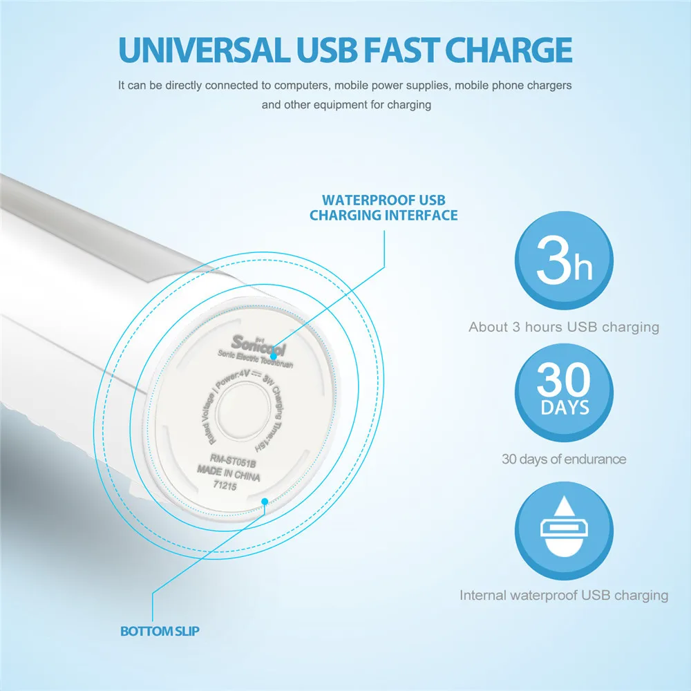 Sonicool 051B Electric Toothbrush USB Rechargeable Ultrasonic 48000 RPM Tooth Brushes With 4 Pcs DuPont Brush Heads Sonicool 051B Electric Toothbrush USB Rechargeable Ultrasonic 48000 RPM Tooth Brushes With 4 Pcs DuPont Brush Heads