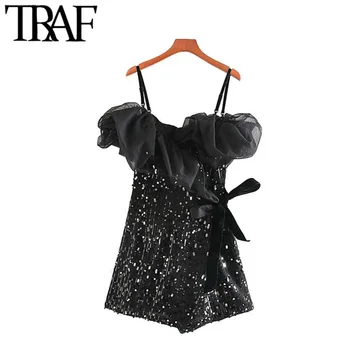 

TRAF Women Vintage Sexy Sequins Shiny Patchwrok Wrap Mini Dress Fashion Bow Tie Sashes Adjustable Straps Party Female Dresses
