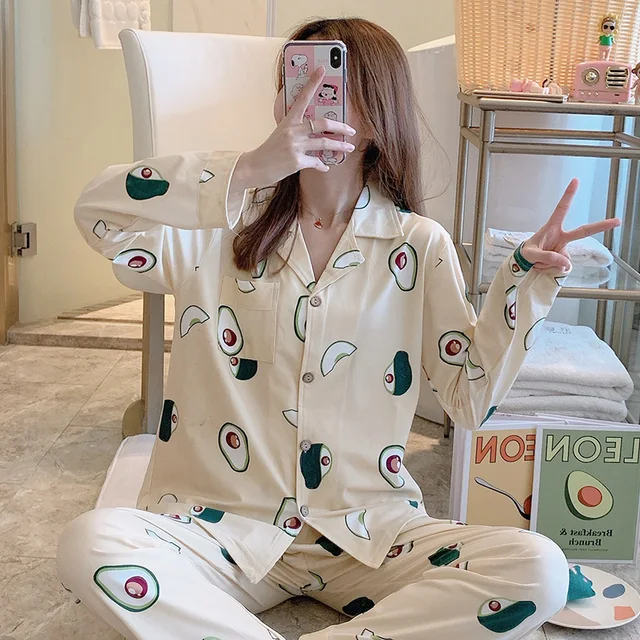 CAIYIER Autumn Winter New Sleepwear Set Women Turn-down Collar Pajamas Cute Cartoon Pattern Button Top+Pants Leisure Home Wear 908-10