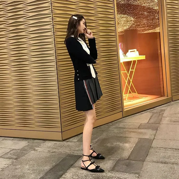 

19 Spring And Summer New Style Side Edge Front Short Long Back Webbing Pleated Hong Kong Flavor Contrast Color Suit Skirt A- lin