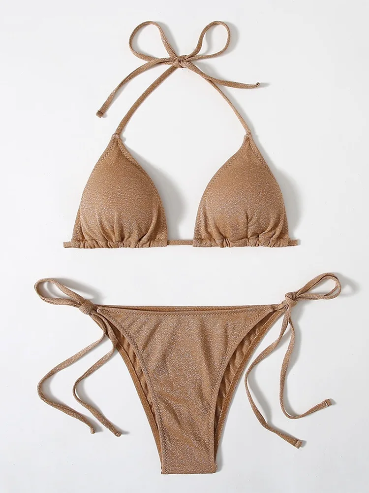 

Sexy Brazilian Thong Bikini Mujer Swimwear Women 2022 Bandage Bright Silk Swimsuit Micro Bikini Set Summer Beachwear Swim Suit